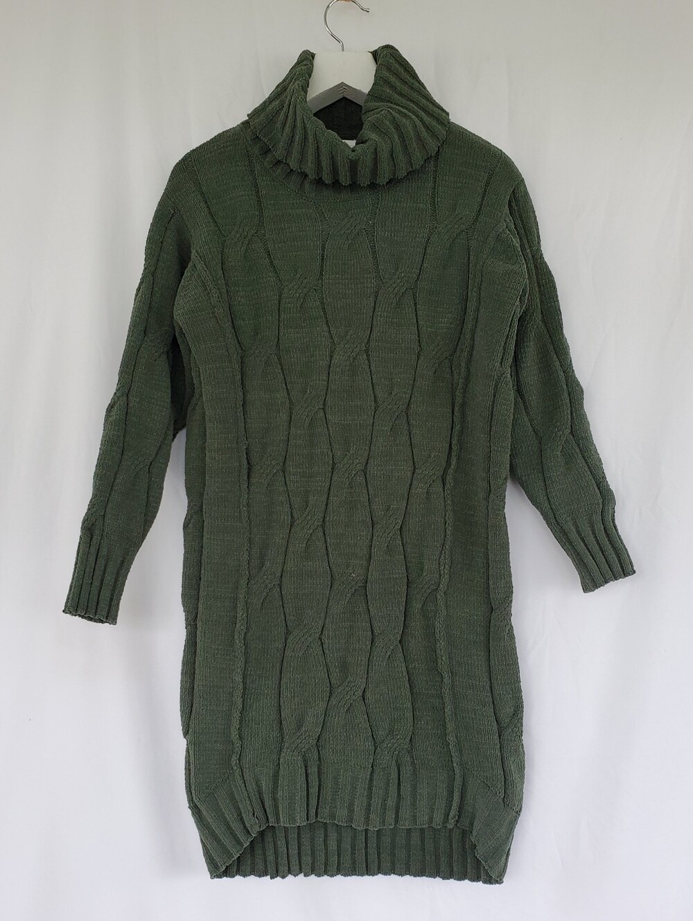 Stitchdrop Turtleneck Cable Knit Sweater Dress - Olive Green Size Large